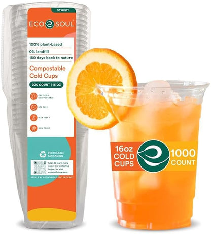 ECO SOUL 100% Compostable, Disposable Party Cups | Eco-friendly Party Cups | (1000 Count, 16 oz Cold Cups)