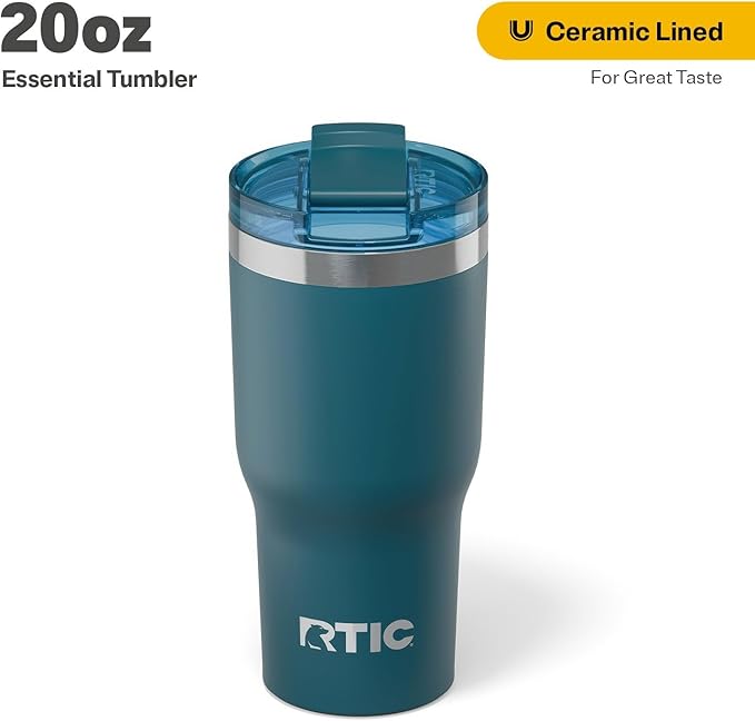 RTIC 20oz Essential Tumbler with Lid, Ceramic Lined, Insulated, Stainless Steel, Metal, Double Wall Vacuum-Insulation, Travel Cup for Iced Coffee, Tea, Hot and Cold Drink, Marine