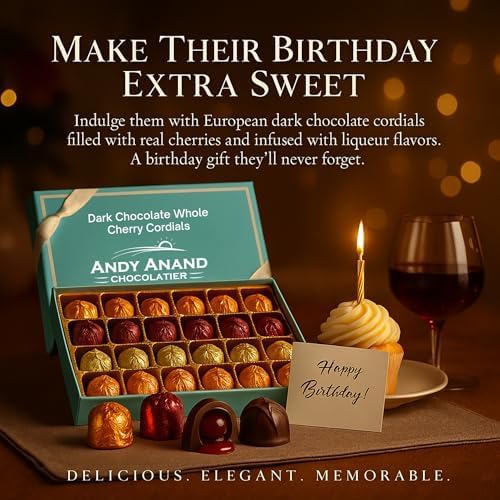 Andy Anand Chocolatier Dark Chocolate Whole Cherry Cordials, Rum, Chardonnay, Vodka & Amaretto Flavors. Individually Wrapped, Flown Fresh from Europe, Unforgettable Chocolate Experience (24 Pcs 12 Oz)