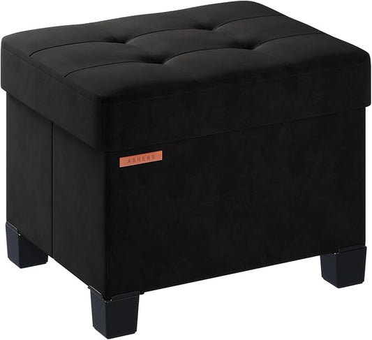 Cube Storage Ottoman, Velvet Foot Stool with Feet, Folding Storage Bench, End of Bed Bench, Storage Chest, for Living Room, Bedroom, 12.6 x 15.8 x 13.2 Inches, Black, ASND21B