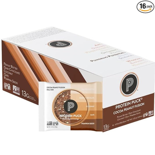 Protein Puck Plant Based Bars | Snacks with Vegan Protein | 16 Count | 3.25 oz Full Size | Gluten Free, Non Dairy, Kosher Certified Non GMO Premium Healthy Bars | Cocoa Peanut Fusion