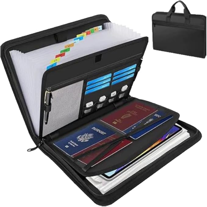 Fireproof Accordion File Organizer,Portable File Folders with Zipper & Handle,Document Organizer with Multi-Pockets for Letter A4 Files,13 Pockets Black