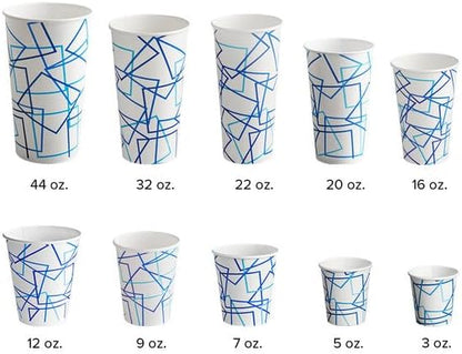 White Paper Cold Cups, 12 oz Double Poly Coated, Blue Cubed Design, Round Shape, 2000 Count Case, No PFAS Added, 4 3/8 Inch Height