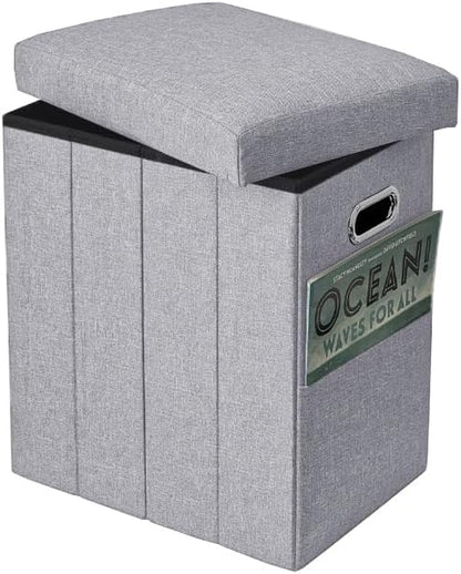 Tall Ottoman with Storage Collapsible Fabric Small Slim Folding Ottoman Furniture with Handles Lid for Room Footrest Foot Stool Linen Light Grey 16.5x16.5x11.8in