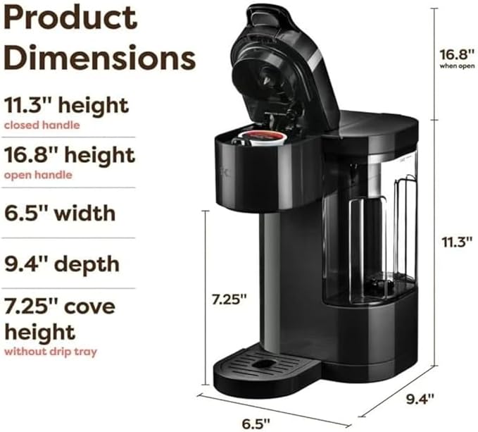 Keuriig K-Express Essentials Single Serve Coffee Maker, 3 Cup Sizes, 36oz Removable Reservoir, kcup Pod Compatible, Fast Brew, Travel Mug Friendly, Auto-Off, Compact 6.5” Design (Black)