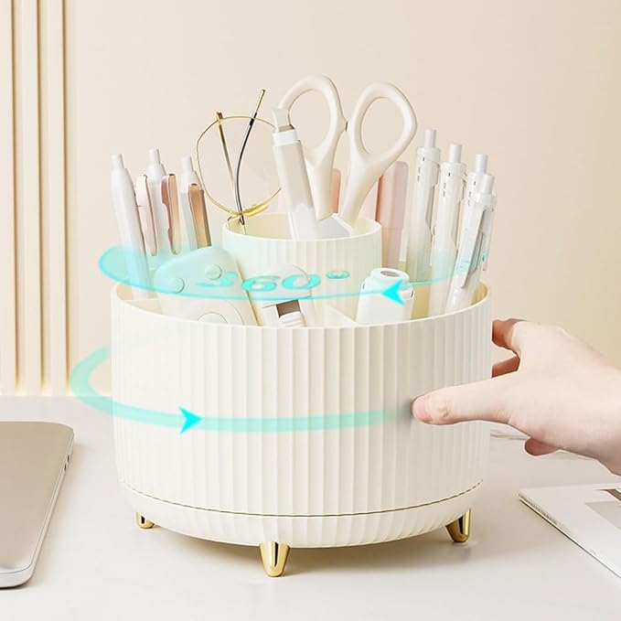 Desk Organizers and Accessories 7Pcs Set with 360-Degree Rotating Pen Holder, Acrylic Stapler, Tape Holder, Staple Remover, Binder/Paper Clips Kit, Scissor and 1 Box of Staples