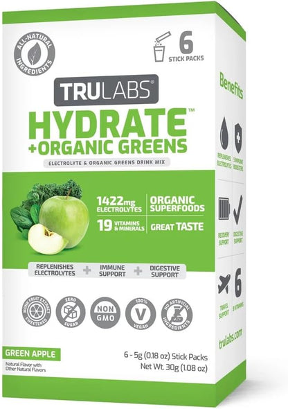 TRULABS Hydrate + Organic Greens - Green Apple. Sugar Free Electrolytes Hydration Packets. Each Serving Contains 1422 mg of Electrolytes &19 Vitamins & Minerals & 4 Organic Greens (6ct)