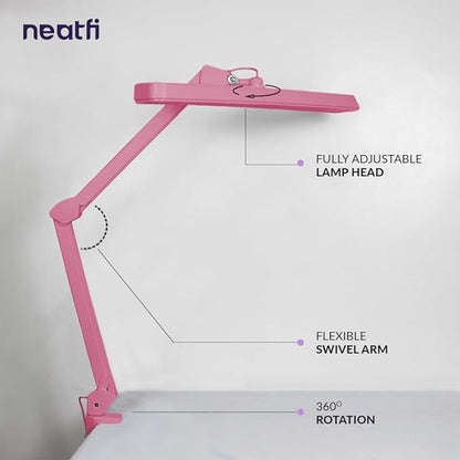 Neatfi Task Lamp – 2,500 Lumens, 30W, 22-Inch Wide Shade, 4 Brightness Levels, Eye-Caring Light, Clamp Mount, LED Task Light for Manicure Table, Crafts, Workbench, Office (Non-CCT, Pink)