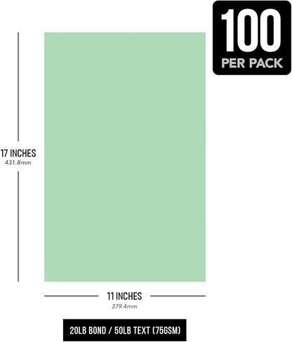 Green Pastel Colored Paper - Perfect for Documents, Invitations, Posters, Flyers, Menus, Arts and Crafts | 11" x 17" | Regular 20lb Bond (75gsm) Paper - Smooth Finish | Bulk Pack of 100 Sheets