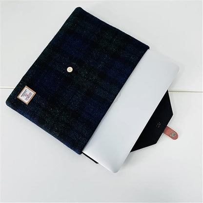 Harris Tweed Laptop Sleeve for MacBook Air M4 M3 M2 M1 13 Inch and Pro M1 A2338 Wool and Microfiber Leather Case with Snap Button Flap