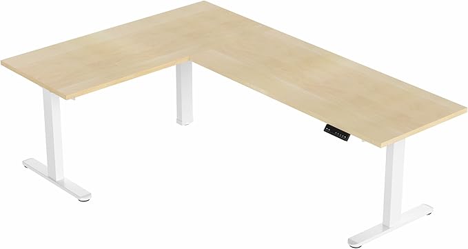 VIVO Electric 78 x 55 inch Square Corner Memory L Shaped Stand Up Desk, Light Wood Table Top, White Frame, Corner Height Adjustable Workstation, 3E-S Series, DESK-KIT-3E5SWC