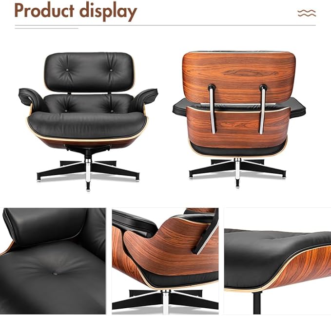 Mid Century Chaise Lounge Chair with Ottoman, Top Black Grain Leather, Modern Office Chair Classic Design, Heavy Duty Base Support for Living Room Study Lounge Office