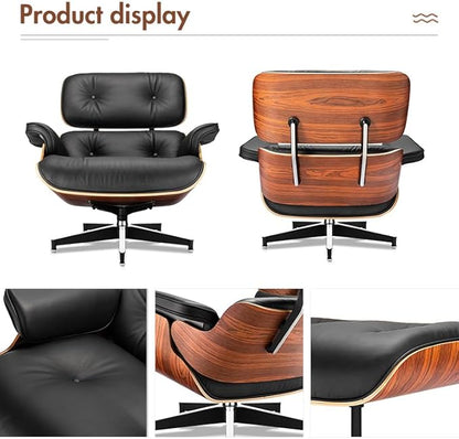 Mid Century Chaise Lounge Chair with Ottoman, Top Black Grain Leather, Modern Office Chair Classic Design, Heavy Duty Base Support for Living Room Study Lounge Office