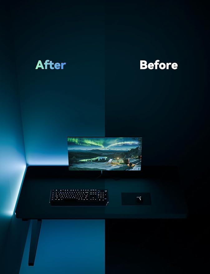 RGB Backlight for PC & Mac, LED Strip Light Sync with Screen Color or Music, Stick to The Edge of Your Desk, LEDs for Desk Gaming, USB Port, Software Control, 6.57ft / 2m