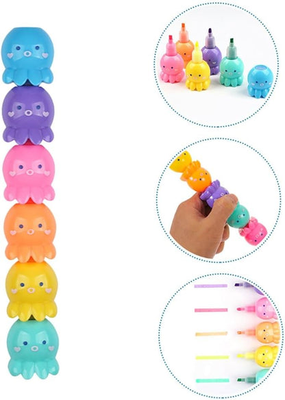 NUOBESTY 2 Sets Octopus-shaped Pastel Highlighter Pens with Single Tip Fluorescent Ink for Note Taking and School Supplies Cute Stackable Markers for Students Classroom Use