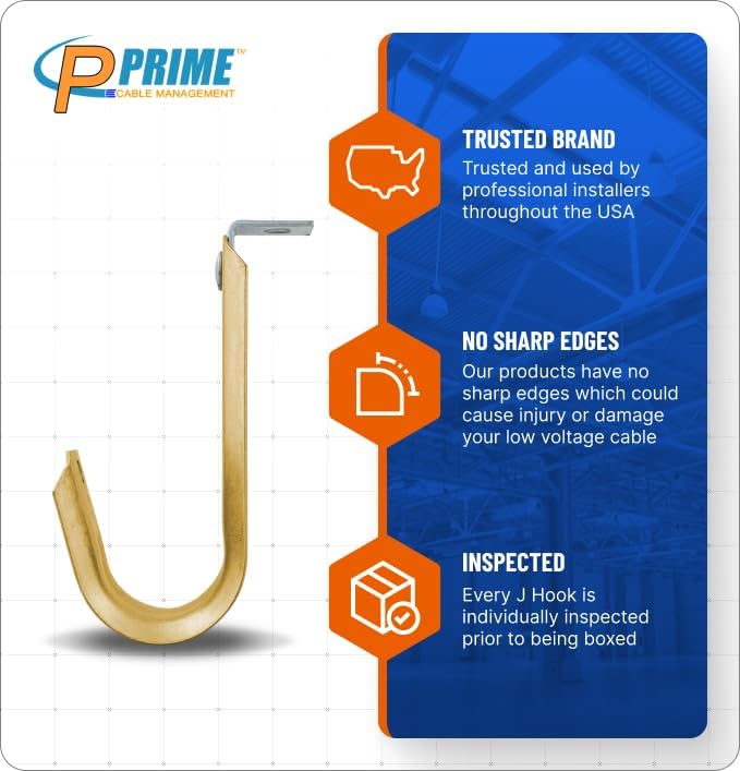 1 5/16 Inch Heavy Duty Metal Cable & Wire Support J-Hook Hangers with Angle Clip for Horizontal Surfaces (Ceilings, Beams‚Ķ) & 1/4 inch Threaded Rod for Cable & Wire Manageme