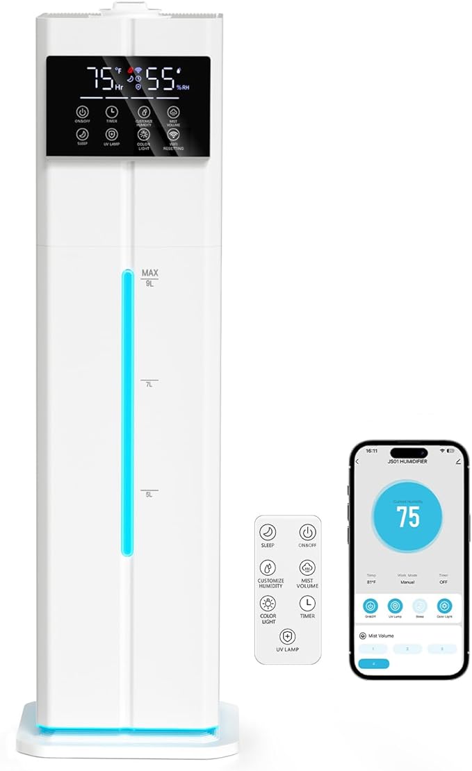 9L/2.4Gal Smart Cool Mist Humidifier, Top Fill Quiet Humidifier Large Room, Covers 550ft², App & Remote Control, 60H Runtime, 7 Colors Light, 4 Mist Modes Humidifiers for Bedroom, Office, White
