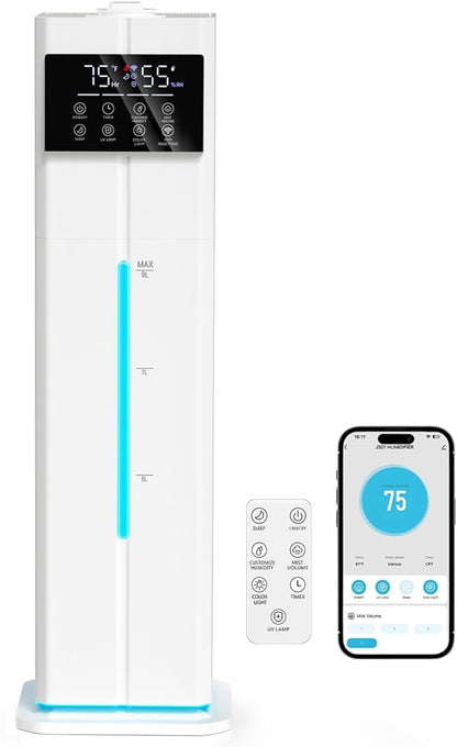 9L/2.4Gal Smart Cool Mist Humidifier, Top Fill Quiet Humidifier Large Room, Covers 550ft², App & Remote Control, 60H Runtime, 7 Colors Light, 4 Mist Modes Humidifiers for Bedroom, Office, White