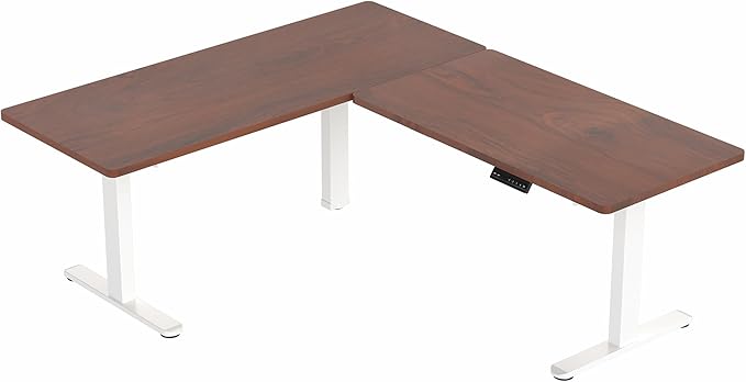 VIVO Electric Height Adjustable 67 x 60 inch Corner Stand Up Desk, 2 Dark Walnut Solid Table Tops, White Frame, Memory Controller, L-Shaped Workstation, 3E Series, DESK-KIT-3E6WD