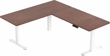 VIVO Electric Height Adjustable 67 x 60 inch Corner Stand Up Desk, 2 Dark Walnut Solid Table Tops, White Frame, Memory Controller, L-Shaped Workstation, 3E Series, DESK-KIT-3E6WD