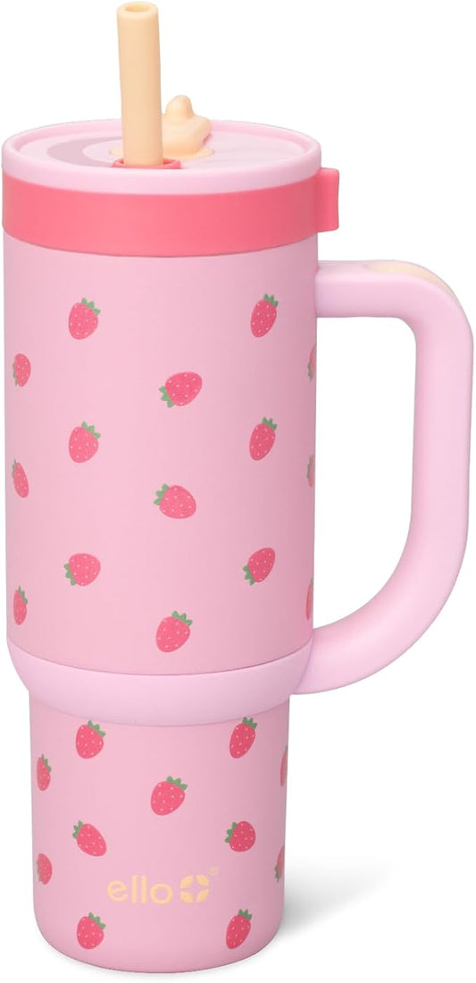 Ello Oasis 18oz Stainless Steel Kids Tumbler with Handle & Retracting Straw, 100% Leakproof, Double-Wall Vacuum Insulated, Kids Water Bottle for School, BPA Free + Dishwasher Safe, Strawberries
