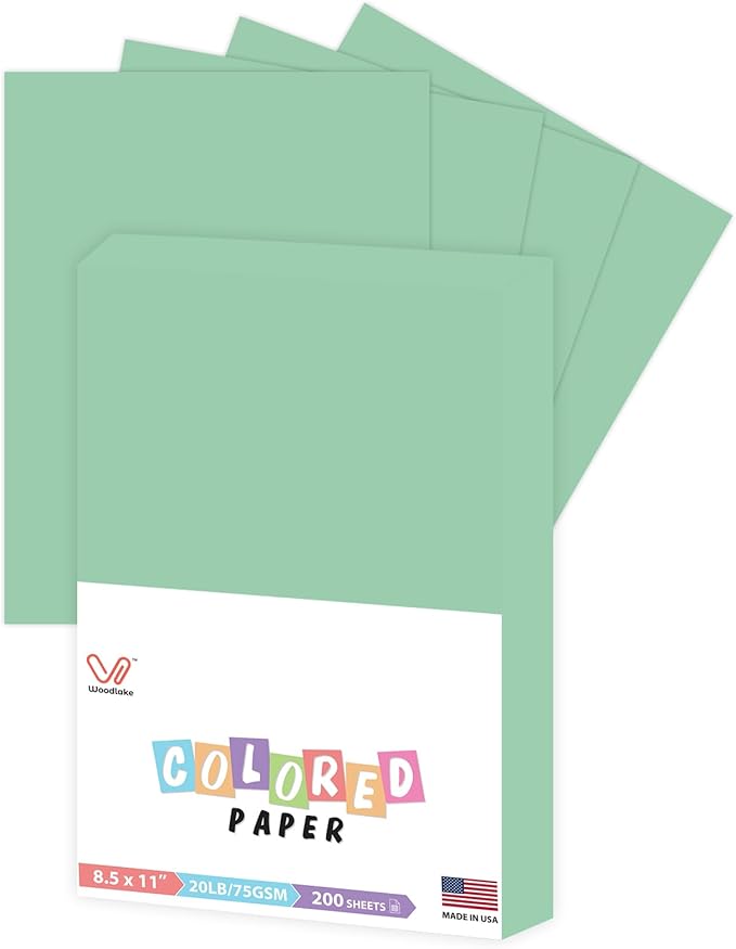 Woodlake Green Copy Paper, Colored Printer Paper, 8.5 x 11”, 20 LB / 75 GSM Computer Paper, 200 Sheets, Multi-Purpose Pastel Paper, Made in USA
