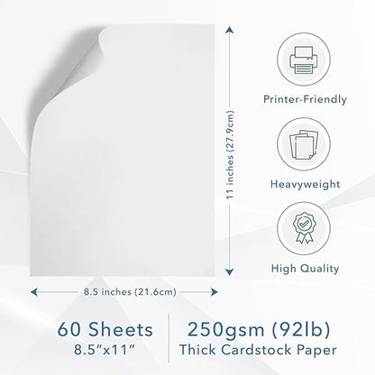 MOS White Cardstock Paper 8.5 x 11 Inch (60 Sheets) — Heavyweight Letter Size Card Stock for Crafting, Invitations, Menus, Business Use, Certificates, Printer Compatible