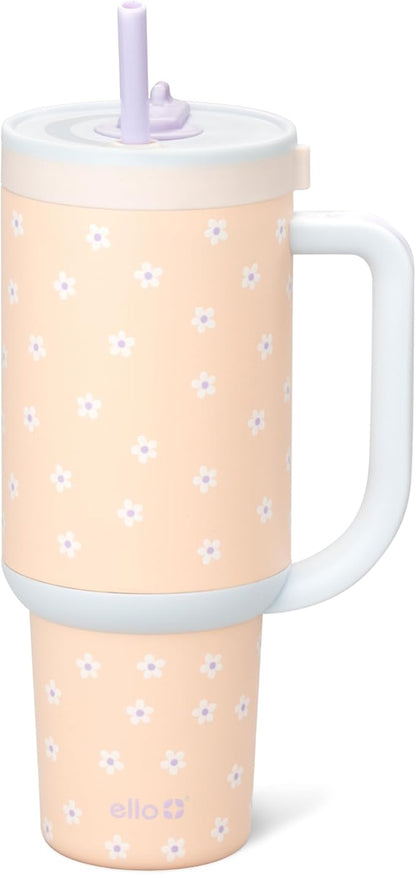 Ello Oasis 30 oz Tumbler with Handle & Retracting Straw | Reusable Insulated Stainless Steel Cup 100% Leakproof, Gifts for Teens Women Men | Keeps cold for 24 Hours, Cup Holder Friendly, Daisies