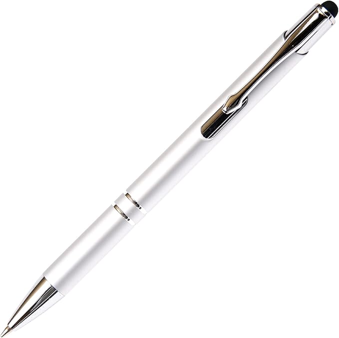 Silver JJ Ballpoint Pen with Stylus - Black Ink Refill, Medium Tip Point