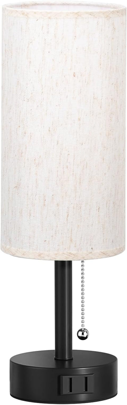 Fenmzee Bedside Table Lamp for Nightstand - 3 Color Temperatures Pull Chain Lamp with AC Outlet Charging Port, Round Night Stand Light for Bedroom Living Room, Small Bed Side Light with E26 LED Bulb
