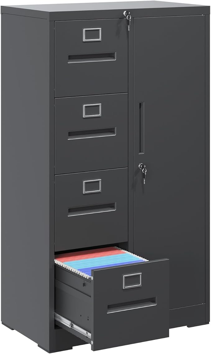 4-Drawer Vertical File Cabinet with Lock & 1 Door,File Cabinet with Storage Shelves for A4/Legal/Letter, Black, Assembly Required