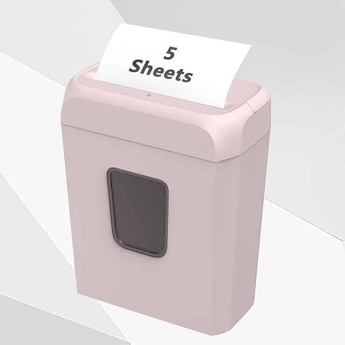 Bonsaii 5-Sheet Crosscut Shredder for Home & Office, Shreds Paper, Credit Cards, Staples & Paper Clips, 3.4-Gallon Pullout Bin, Compact & Stylish in Pink
