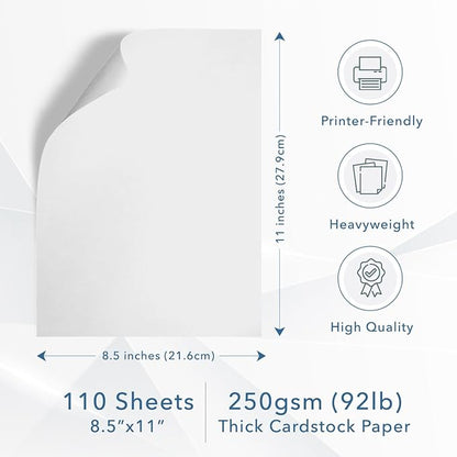 MOS White Cardstock Paper 8.5 x 11 Inch (110 Sheets) — Heavyweight Letter Size Card Stock for Crafting, Invitations, Menus, Business Use, Certificates, Printer Compatible