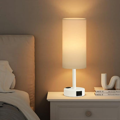 Fenmzee Matte White Bedside Table Lamp for Bedroom - 3 Way Dimmable Touch Lamp USB C Charging Ports and AC Outlet, Small Lamp Round Flaxen Fabric Shade for Living Room, Desk, LED Bulb Included