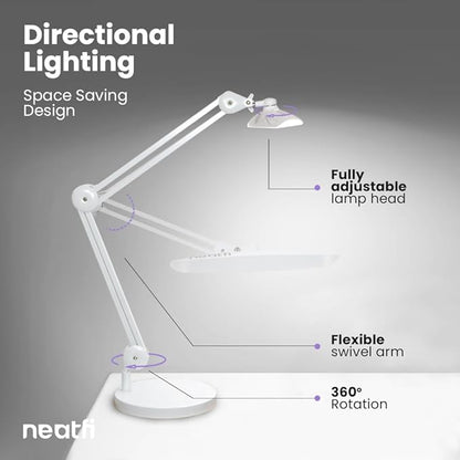 Neatfi XL LED Desk Lamp with Base, 2200 Lumens, 24W, 20-Inch Wide Head, Dimmable 4 Brightness Levels, Task Light for Home Office, Crafts, Workbench (Non-CCT, White)