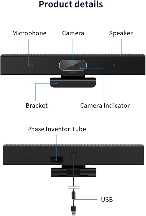Conference Room Camera, 3-in-1, 1080p Full HD Webcam with Microphone and Speaker, USB Plug and Play, Wide Angle Video Conference Camera for Desktop, Laptop, Mac, PC (Black)