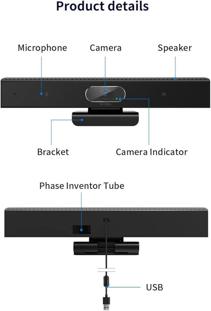 Conference Room Camera, 3-in-1, 1080p Full HD Webcam with Microphone and Speaker, USB Plug and Play, Wide Angle Video Conference Camera for Desktop, Laptop, Mac, PC (Black)
