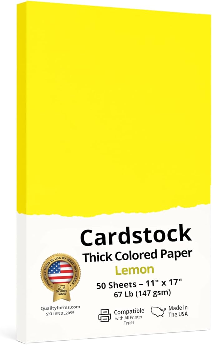 NextDayLabels Color Cardstock Paper - 50 Sheets - 11" x 17" - Lemon 65 lb (147 gsm) - Thick Colored Paper for Crafting, Invitations, Posters, Flyers, and DIY Projects - Made in USA