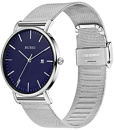 BUREI Men Watches Brown Leather Fashion Minimalist Wrist Watch Simple Ultra Thin Waterproof Quartz Watches All Black Stainless Steel Mesh Band,Gift for Men Women