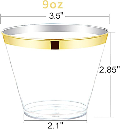 Nervure 240PCS Gold Plastic Cups - 9Oz Gold Rimmed Plastic Cups - Heavy Duty Disposable Clear Cup with Gold Rim Perfect for Weddings, Receptions & Parties