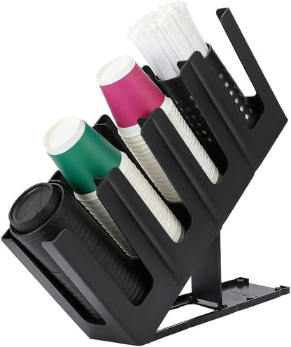 Coffee Cup Dispenser Plastic Disposable Paper Cup and Lid Holder with 4 Compartment Adjusting for Countertop Coffee Station Bar Office Home Restaurant Kitchens (Black)