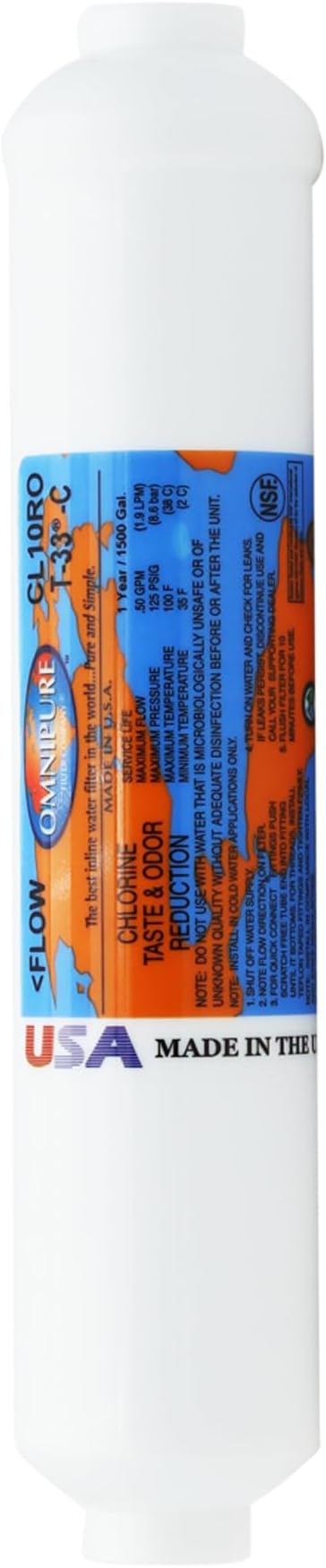 Omnipure CL10ROT33-CC Inline GAC Carbon Filter 5-Micron, 10" x 2" with 3/8" Female Thread Fittings, Removes Chlorine and Improves Taste & Odor for RO Systems, Ice Makers, Water Coolers, Fountains