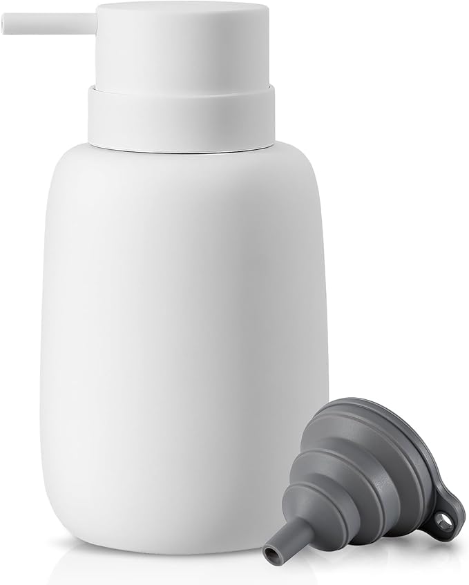 Ceramic Hand Soap Dispenser for Bathroom,16OZ Matte Dish Soap Dispenser for Kitchen Sink,Refillable Liquid Lotion Dispenser with Easy-to-Press Pump Rubber Paint (White)