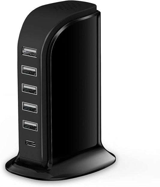 Charger Block 6 in 1 Upoy, 40W USB C Charger 3A, Charging Hub with 5 USB Ports(Shared 6A) for Multiple Electronics, USB Charging Station Multiports, Universal Desktop Phone Charger Travel Ready, Black