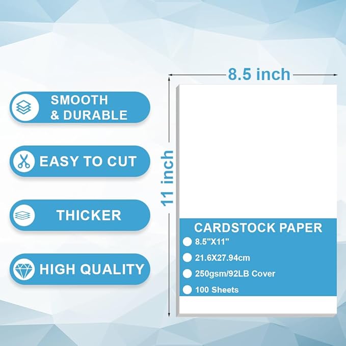 Cardstock Paper - Plain Heavy Bright White Stock, Cover Stock Paper, Extra Heavy Duty, 92lb Cover (250 gsm) Thick Cardstock Paper, 8.5" x 11", 100 Sheets, Inkjet/Laser Printer Compatible
