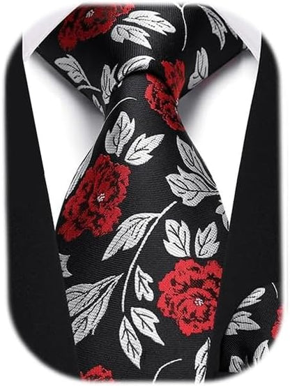 HISDERN Men Floral Ties Woven Classic 3.4" Necktie Set Formal Tie Pocket Square for Wedding with Handkerchief Gift Box