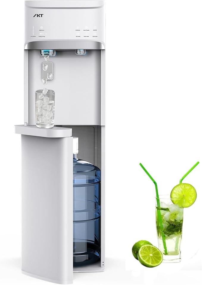 IKT Self Cleaning 3 in 1 Water Cooler Dispenser and Ice Maker for 3-5 Gallon Bottom Load 22 lbs Daily Capacity White