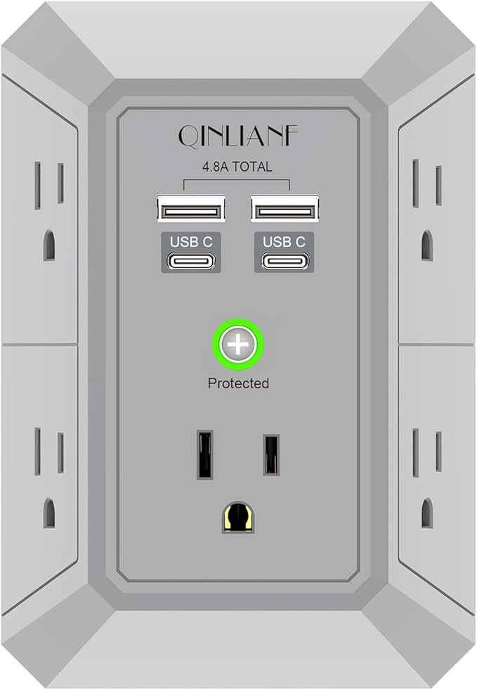 USB Wall Charger, Surge Protector, QINLIANF 5 Outlet Extender with 4 USB Charging Ports(2U2C) 3-Sided 1680J Power Strip Multi Plug Outlets Wall Adapter Spaced for Home Travel Office, Grey