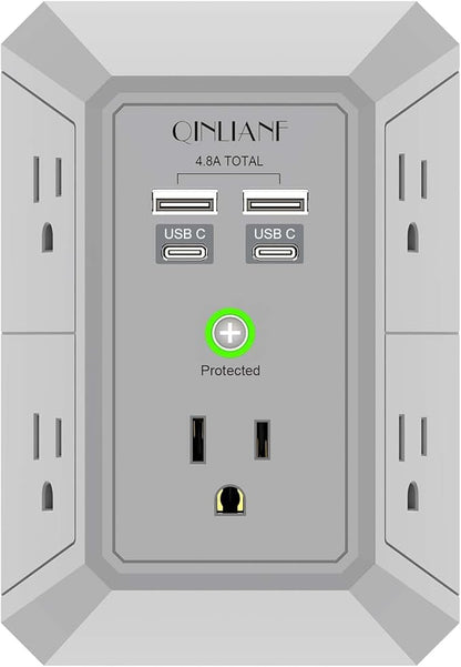 USB Wall Charger, Surge Protector, QINLIANF 5 Outlet Extender with 4 USB Charging Ports(2U2C) 3-Sided 1680J Power Strip Multi Plug Outlets Wall Adapter Spaced for Home Travel Office, Grey