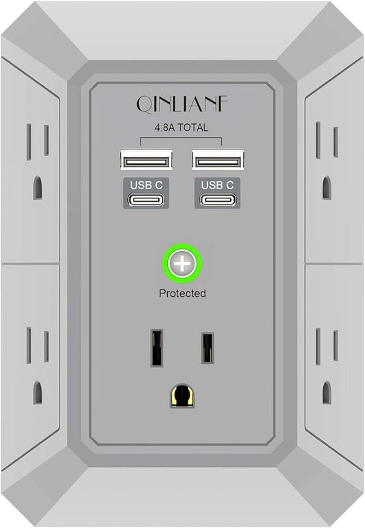 USB Wall Charger, Surge Protector, QINLIANF 5 Outlet Extender with 4 USB Charging Ports(2U2C) 3-Sided 1680J Power Strip Multi Plug Outlets Wall Adapter Spaced for Home Travel Office, Grey